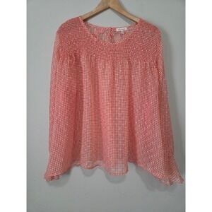 Self Esteem Womens 3X Coral Gingham Clip Dot Smocked Blouse Long Sleeve Top
